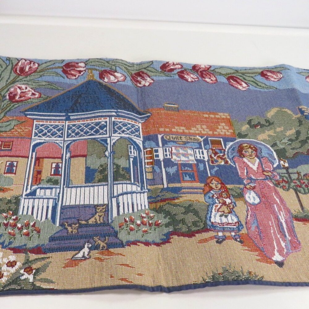 Quaint Turn of the Century Village Scene Tapestry Table Runner Tulips Gazebo